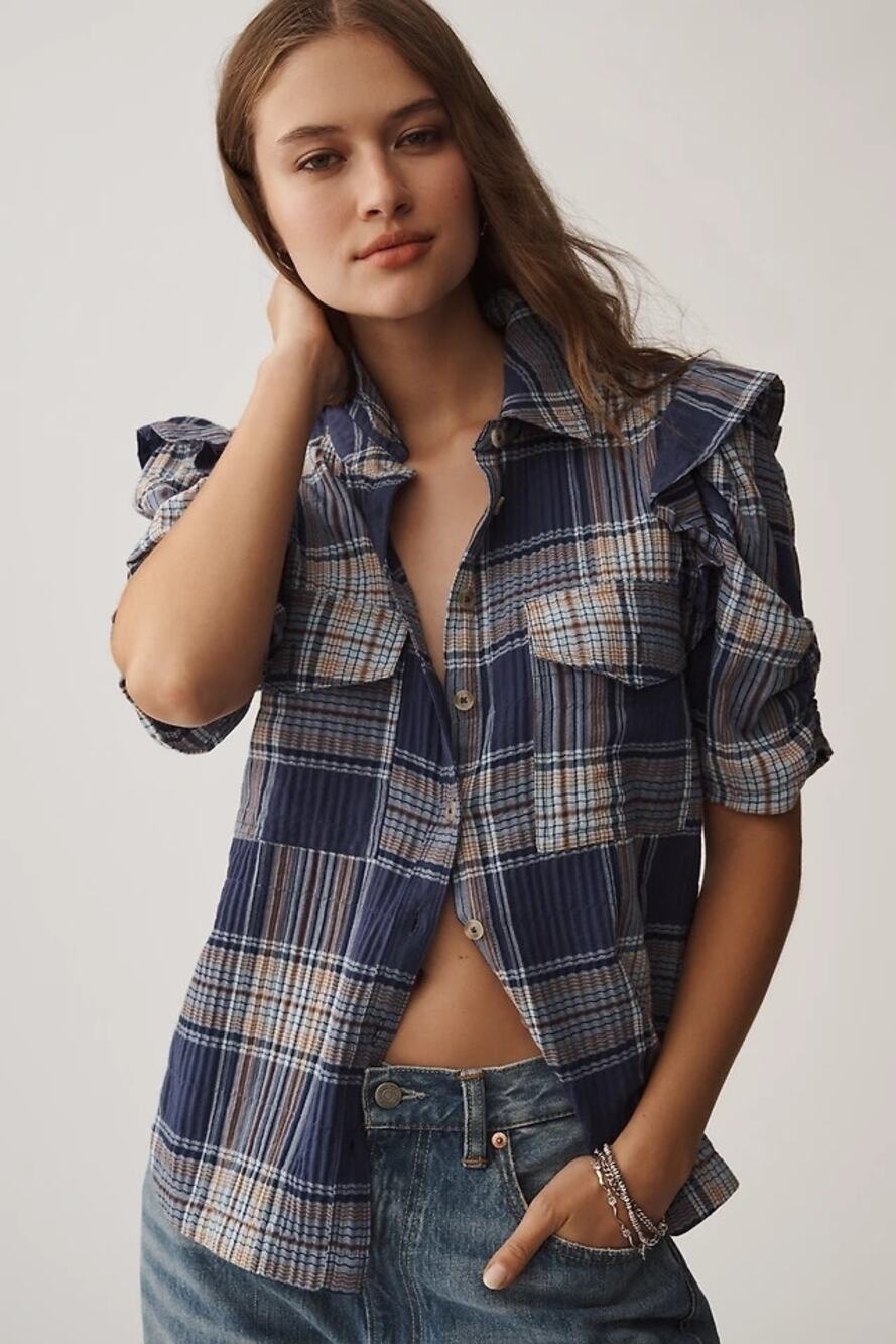 Pilcro Anthropologie The Ozzi Plaid Ruffle-Sleeve Buttondown Shirt Blue Size S